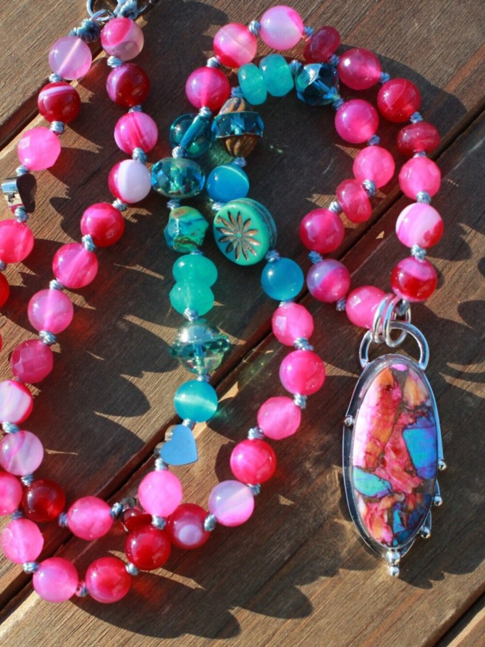 Pink Dahlia Turquoise Beaded Necklace